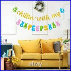 Easter Bunny Decoration Chillin With My Peeps Banner Gold Glitter Happy New