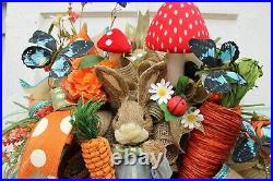 Easter Bunny Rabbit Wreath Spring Decor Carrots Blue Butterflies Mushrooms