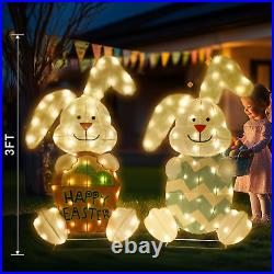 Easter Decorations Outdoor with 2 Pcs Rabbit, Lighted 2D Iron Frame Bunny with 1