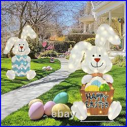 Easter Decorations Outdoor with 2 Pcs Rabbit, Lighted 2D Iron Frame Bunny with 1