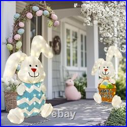 Easter Decorations Outdoor with 2 Pcs Rabbit, Lighted 2D Iron Frame Bunny with 1