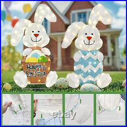 Easter Decorations Outdoor with 2 Pcs Rabbit, Lighted 2D Iron Frame Bunny with 1