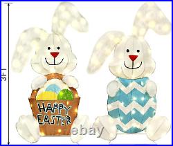 Easter Decorations Outdoor with 2 Pcs Rabbit, Lighted 2D Iron Frame Bunny with 1