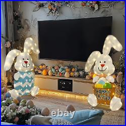 Easter Decorations Outdoor with 2 Pcs Rabbit, Lighted 2D Iron Frame Bunny with 1