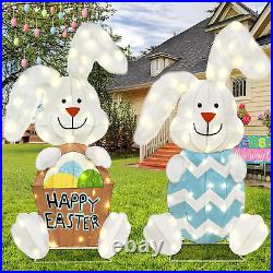 Easter Decorations Outdoor with 2 Pcs Rabbit, Lighted 2D Iron Frame Bunny with 1