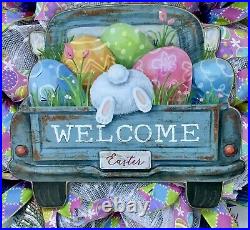 Easter Egg Welcome Truck with Bunny Handmade Deco Mesh Wreath