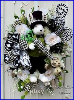 Easter Spring Wreath Bunny Dressed in Top Hat Harlequin Rhinestones Black White