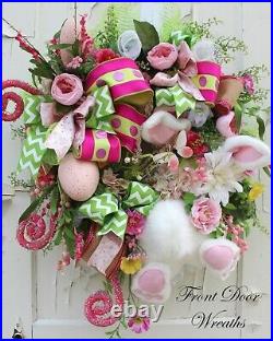 Easter Spring Wreath Handmade Bunny Butt Ears Designer Ribbon Pink Green