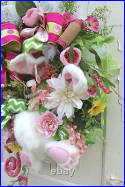 Easter Spring Wreath Handmade Bunny Butt Ears Designer Ribbon Pink Green