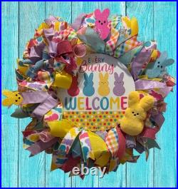 Easter Sugar Bunny Wreath, Pastel Mesh Peep Bunny Door Decor, Sugar Bunny decor