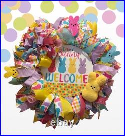 Easter Sugar Bunny Wreath, Pastel Mesh Peep Bunny Door Decor, Sugar Bunny decor