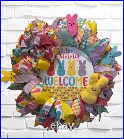 Easter Sugar Bunny Wreath, Pastel Mesh Peep Bunny Door Decor, Sugar Bunny decor