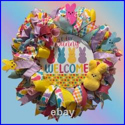 Easter Sugar Bunny Wreath, Pastel Mesh Peep Bunny Door Decor, Sugar Bunny decor