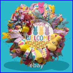 Easter Sugar Bunny Wreath, Pastel Mesh Peep Bunny Door Decor, Sugar Bunny decor