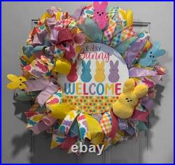 Easter Sugar Bunny Wreath, Pastel Mesh Peep Bunny Door Decor, Sugar Bunny decor