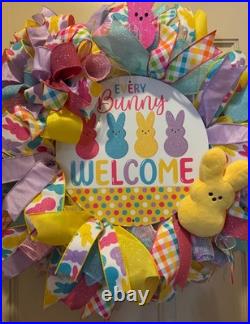 Easter Sugar Bunny Wreath, Pastel Mesh Peep Bunny Door Decor, Sugar Bunny decor