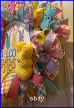 Easter Sugar Bunny Wreath, Pastel Mesh Peep Bunny Door Decor, Sugar Bunny decor