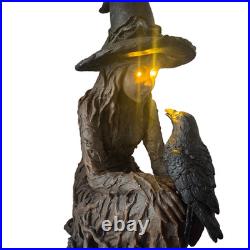 Eerie Charm 25 Inch LED Witch Raven Figurine Lighted Eyes Halloween Decor