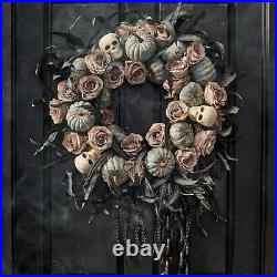 Eerily Gothic Skull Roses & Pumpkins 28-Inch Dia. Halloween Wreath with Chain