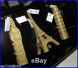 Eiffel Tower, Leaning Tower of Pisa and Big Ben clock tower Gold Ornaments