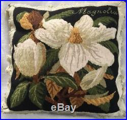 Elizabeth Bradley Needlepoint Pillow- Magnolia- Ivory/Green- Black Background