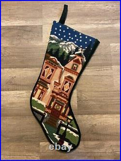 FINISHED Rare PETER ASHE Mountains House Handmade Needlepoint Christmas Stocking