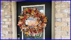Fall Leaves Deco Mesh Rustic Pumpkin Wreath, Thanksgiving Halloween Decorations