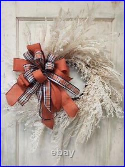 Fall Wreath Pampas Wreath with Vibrant Orange Plaid Bow, Handmade 26