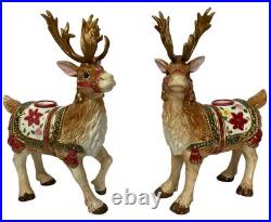 Fitz & Floyd Father Christmas Reindeer Candleholder Pair 11.5 Original Box