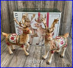 Fitz & Floyd Holiday Father Christmas Reindeer Candleholder Pair Original Box