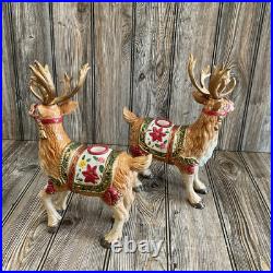 Fitz & Floyd Holiday Father Christmas Reindeer Candleholder Pair Original Box