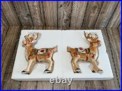 Fitz & Floyd Holiday Father Christmas Reindeer Candleholder Pair Original Box