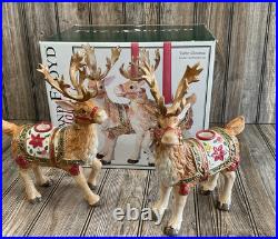 Fitz & Floyd Holiday Father Christmas Reindeer Candleholder Pair Original Box