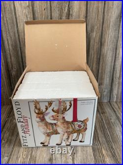 Fitz & Floyd Holiday Father Christmas Reindeer Candleholder Pair Original Box