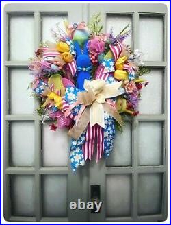 Flocked Bunny Easter Wreath Outdoor Huge Flowers Ribbon Eggs Free Shipping