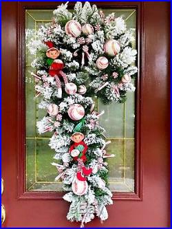 Flocked Wreath Xmas Decor Candy Cane Elf Peppermint Ribbon Bow Arrangement New