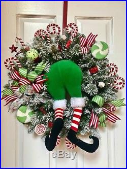 Flocked Wreath Xmas Decor Candy Cane Raz Elf Butt Legs Peppermint Arrangement