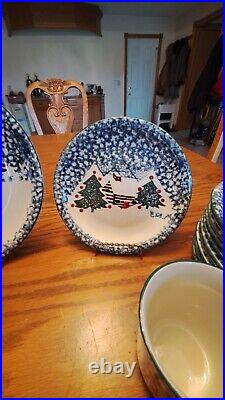 Folk Craft Christmas Cabin In The Snow Tienshan Stoneware 48 Piece Grouping