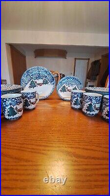 Folk Craft Christmas Cabin In The Snow Tienshan Stoneware 48 Piece Grouping