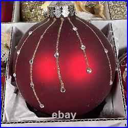 Frontgate 19 Piece Red & Gold Glass Christmas Ornament Set Hand Blown Ornaments