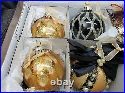 Frontgate Holiday Collection Box of 20 Christmas Ornaments Gold, Black, Feathers