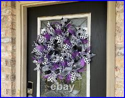 GORGEOUS Halloween Violet Silver Black and White Front Door Wreath Decoration