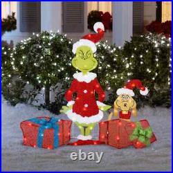 Gemmy Disney 3.25' Grinch & Max With Presents & Santa Hats Lighted Yard Decor
