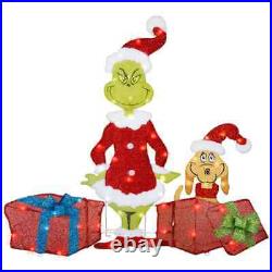 Gemmy Disney 3.25' Grinch & Max With Presents & Santa Hats Lighted Yard Decor