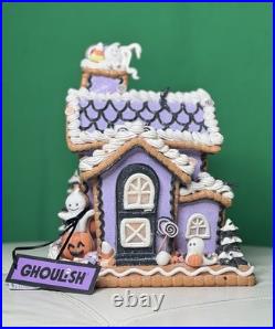 Ghoulish 12 Purple Haunted Gingerbread House LED Light-Up with Ghosts & Pumpkins