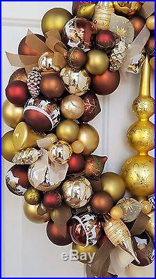 Glass Ornament 24 Christmas Holiday Wreath Hand Crafted Wolves Deer Nature Gold