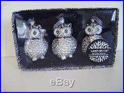 Glass Owl Glitter Christmas Tree Ornaments Silver & Black set of 3 NEW