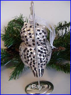 Glass Owl Glitter Christmas Tree Ornaments Silver & Black set of 3 NEW