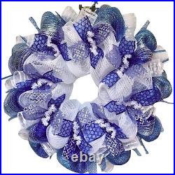 Glittering Silver And Blue Hanukkah Deco Mesh Ribbon Wreath