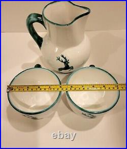 Gmundner Keramik Hand Painted Green Stag Pitcher And (2) Cups Austria